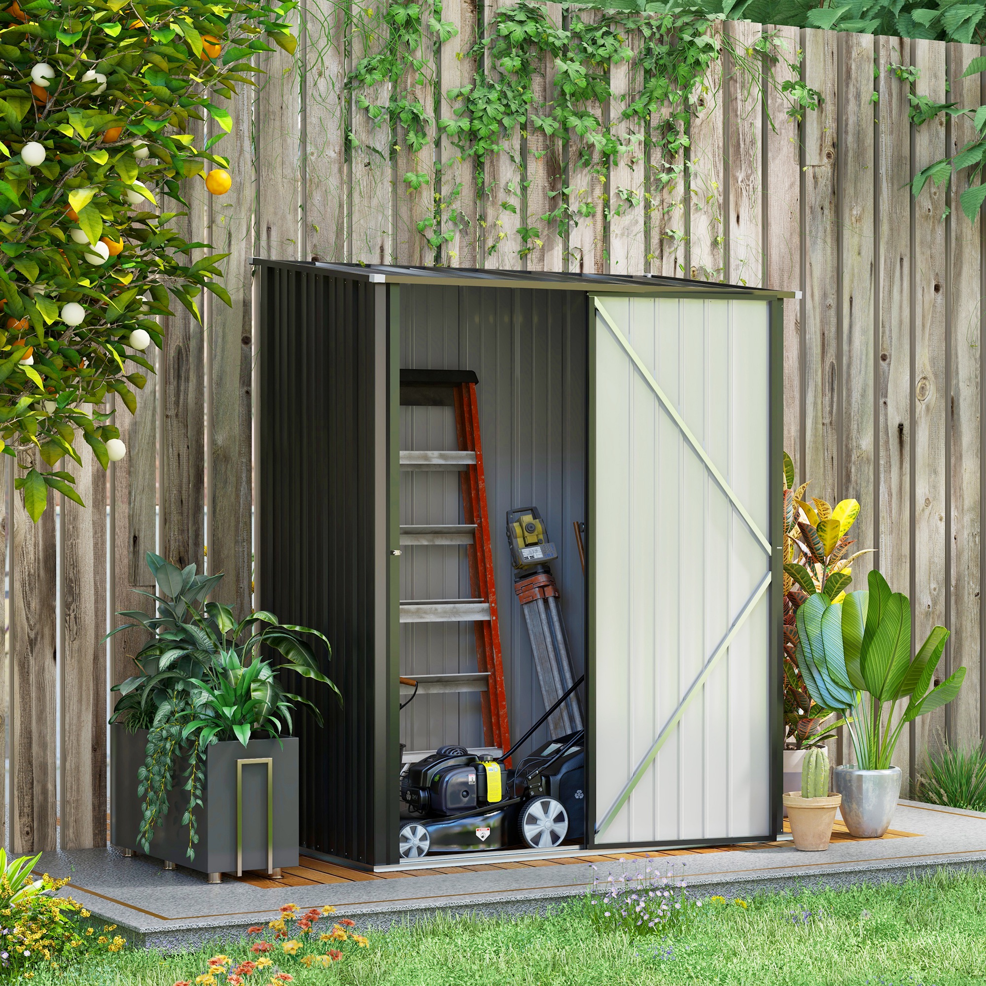 Outsunny Gerätehaus 1,34 m² Abschließbarer Gartenschrank mit Pultdach aus verzinktem Stahl, 161,5x94,5x196cm, Schwarz Aosom – Bild 2 von 2