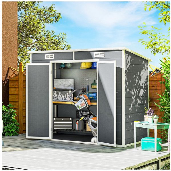 Outsunny Gerätehaus Gartenhaus mit Boden Pultdach, Geräteschuppen, BxT: 238x125 cm, (Gartenhaus, 1 St., Geräteschuppen), aus Alu, für Hinterhof, Garten, Grau