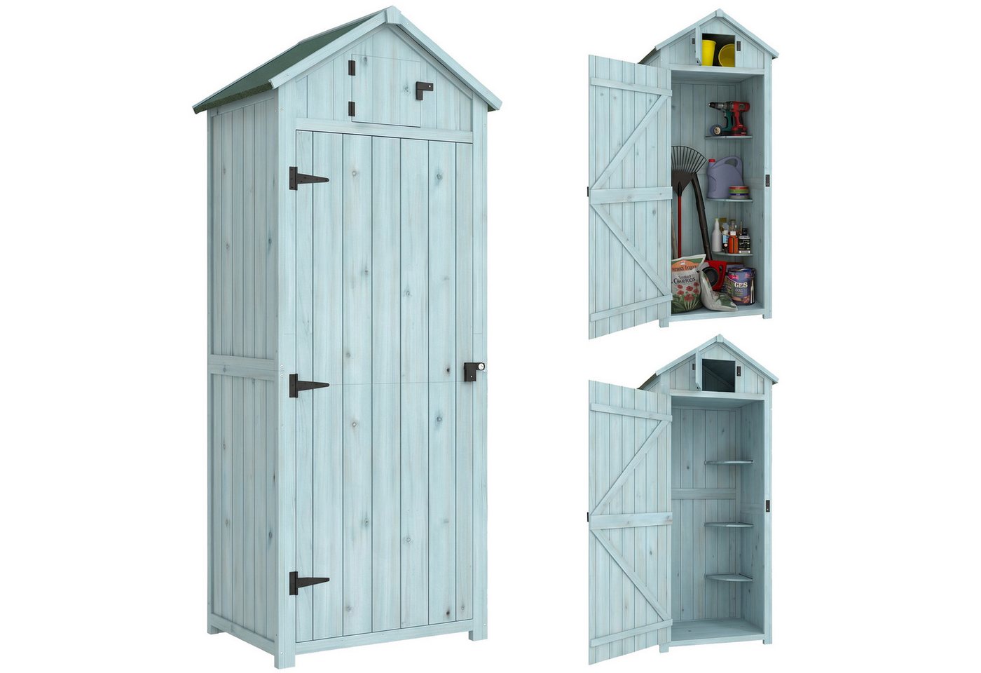 Outsunny Gerätehaus Gartenschrank Holz, Geräteschuppen wetterfest, mit Tür, BxT: 77x54.2 cm, (Geräteschuppen, 1 St., Gartenschrank), für Garten, Hellblau+Grün – Bild 2 von 5