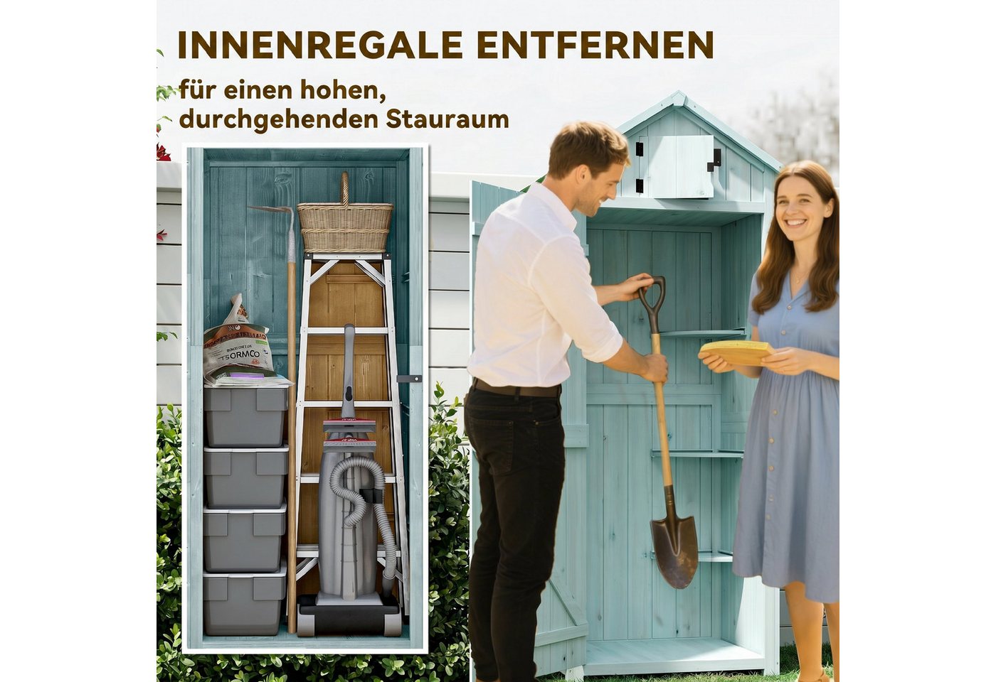 Outsunny Gerätehaus Gartenschrank Holz, Geräteschuppen wetterfest, mit Tür, BxT: 77x54.2 cm, (Geräteschuppen, 1 St., Gartenschrank), für Garten, Hellblau+Grün – Bild 5 von 5