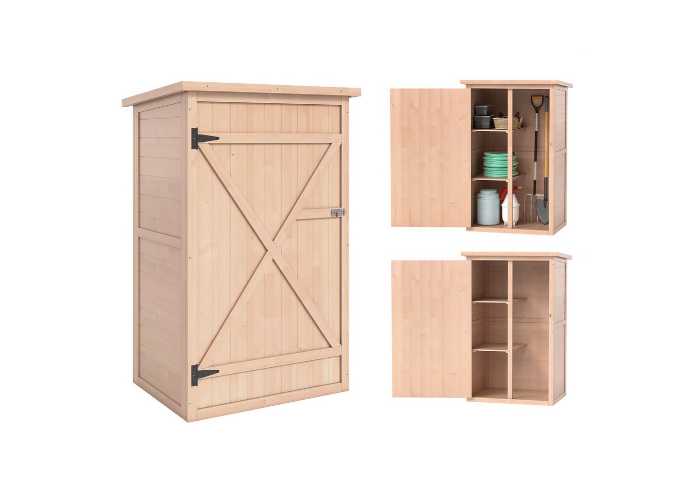Outsunny Gerätehaus Gartenschrank Holz, Geräteschuppen wetterfest, BxT: 75x56 cm, (Gartenschrank, 1 St., Geräteschrank), für Garten, Naturholz – Bild 2 von 5