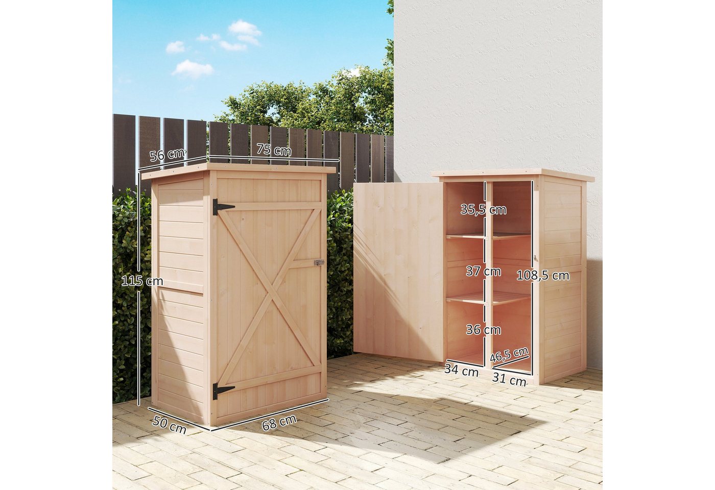 Outsunny Gerätehaus Gartenschrank Holz, Geräteschuppen wetterfest, BxT: 75x56 cm, (Gartenschrank, 1 St., Geräteschrank), für Garten, Naturholz – Bild 3 von 5