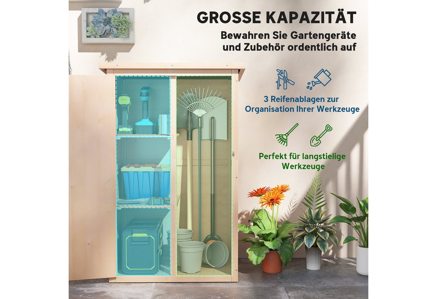 Outsunny Gerätehaus Gartenschrank Holz, Geräteschuppen wetterfest, BxT: 75x56 cm, (Gartenschrank, 1 St., Geräteschrank), für Garten, Naturholz – Bild 4 von 5