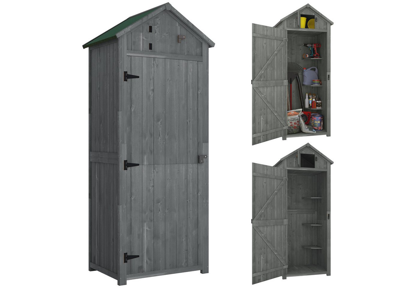 Outsunny Gerätehaus Gartenschrank Holz, Geräteschuppen wetterfest, mit Tür, BxT: 77x54.2 cm, (Geräteschuppen, 1 St., Gartenschrank), für Garten, Grau+Grün – Bild 2 von 5