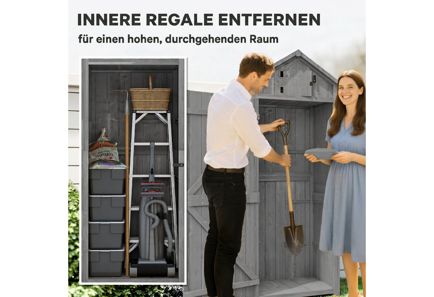 Outsunny Gerätehaus Gartenschrank Holz, Geräteschuppen wetterfest, mit Tür, BxT: 77x54.2 cm, (Geräteschuppen, 1 St., Gartenschrank), für Garten, Grau+Grün – Bild 5 von 5