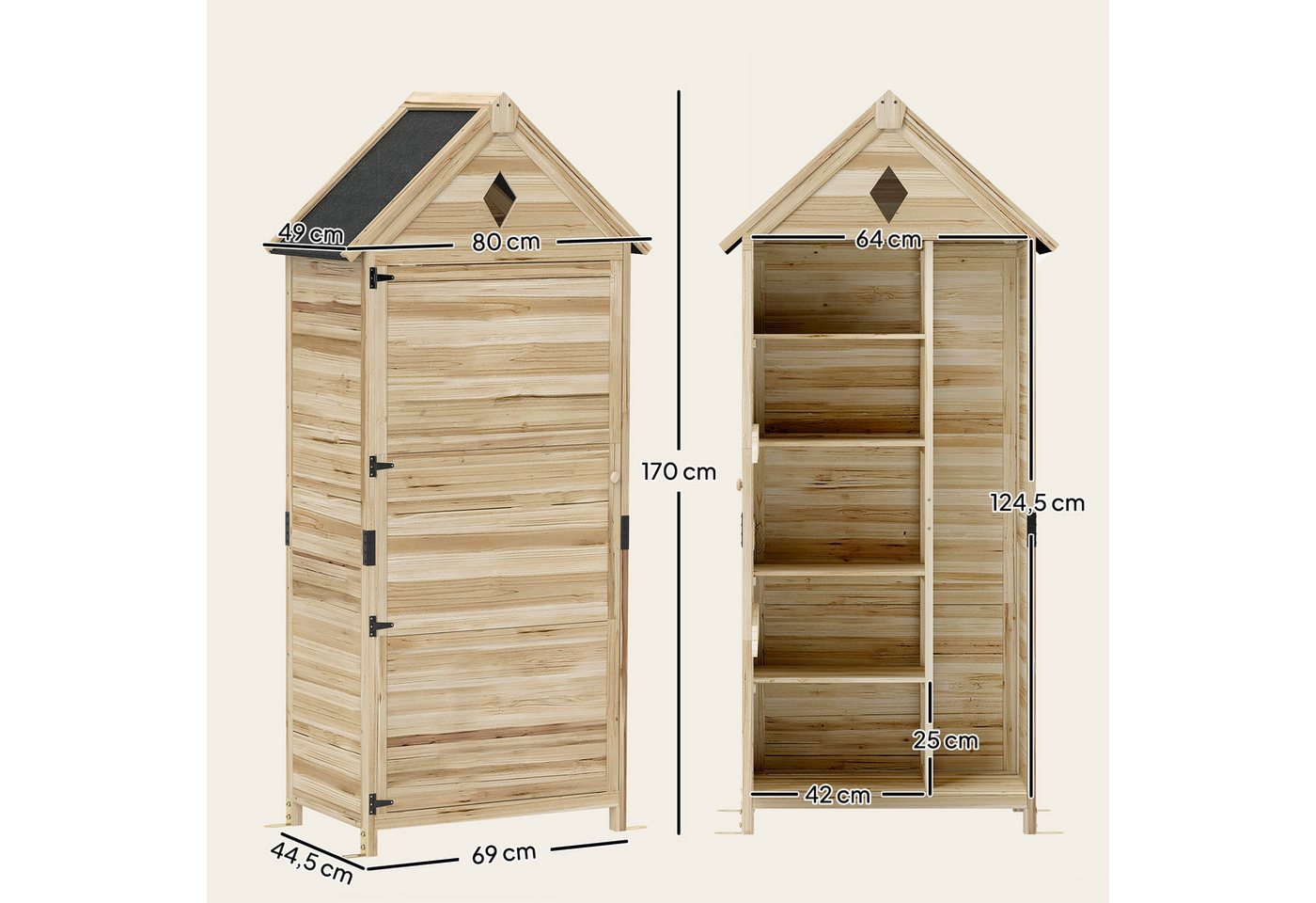 Outsunny Gerätehaus Gartenschrank Holz, wasserdicht Geräteschuppen, BxT: 80x49 cm, (Gartenschuppen, 1 St., Lagerschuppen), 80 x 49 x 170 cm, für Garten, Terrass – Bild 3 von 5