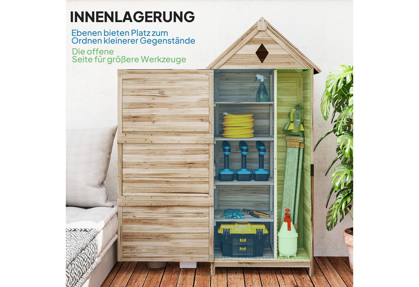 Outsunny Gerätehaus Gartenschrank Holz, wasserdicht Geräteschuppen, BxT: 80x49 cm, (Gartenschuppen, 1 St., Lagerschuppen), 80 x 49 x 170 cm, für Garten, Terrass – Bild 4 von 5