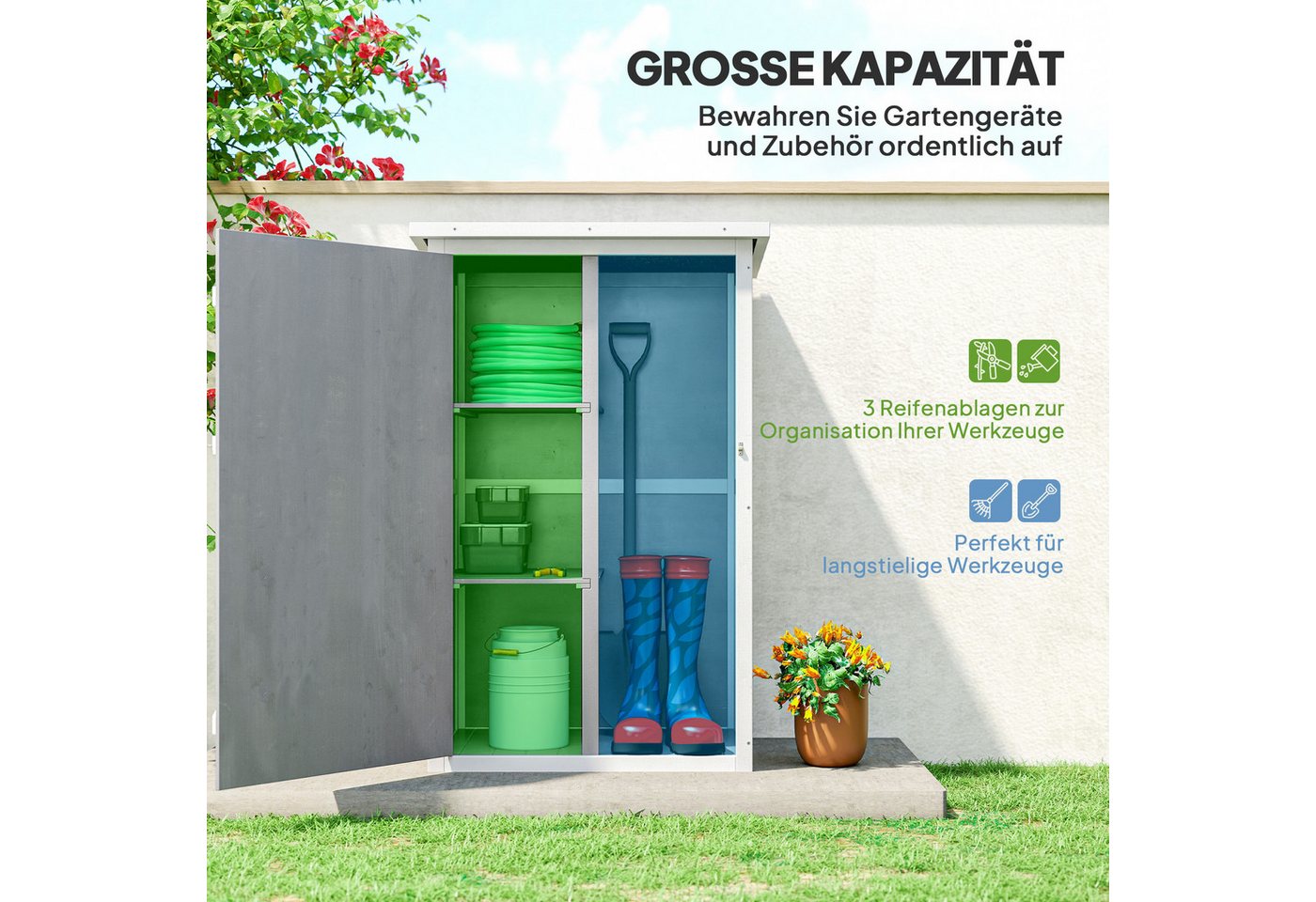 Outsunny Gerätehaus Gartenschrank Holz, Geräteschuppen wetterfest, BxT: 75x56 cm, (Gartenschrank, 1 St., Geräteschrank), für Garten, Naturholz, Schwarz+Grau+Wei – Bild 4 von 5