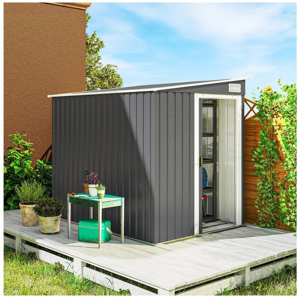 Outsunny Gerätehaus Gartenschuppen aus Metall, BxT: 154x206.5 cm, (Geräteschuppen, 1 St., Gartenhaus), Schiebetür, Belüftung, Stahl, Regale, Dunkelgrau