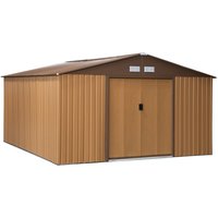 Outsunny Gerätehaus kaufen, 340 x 386 x 200 cm, mit Bodenplatte, Geräteschuppen, Gartenhaus, Garten Schuppen, Metall, Braun Aosom