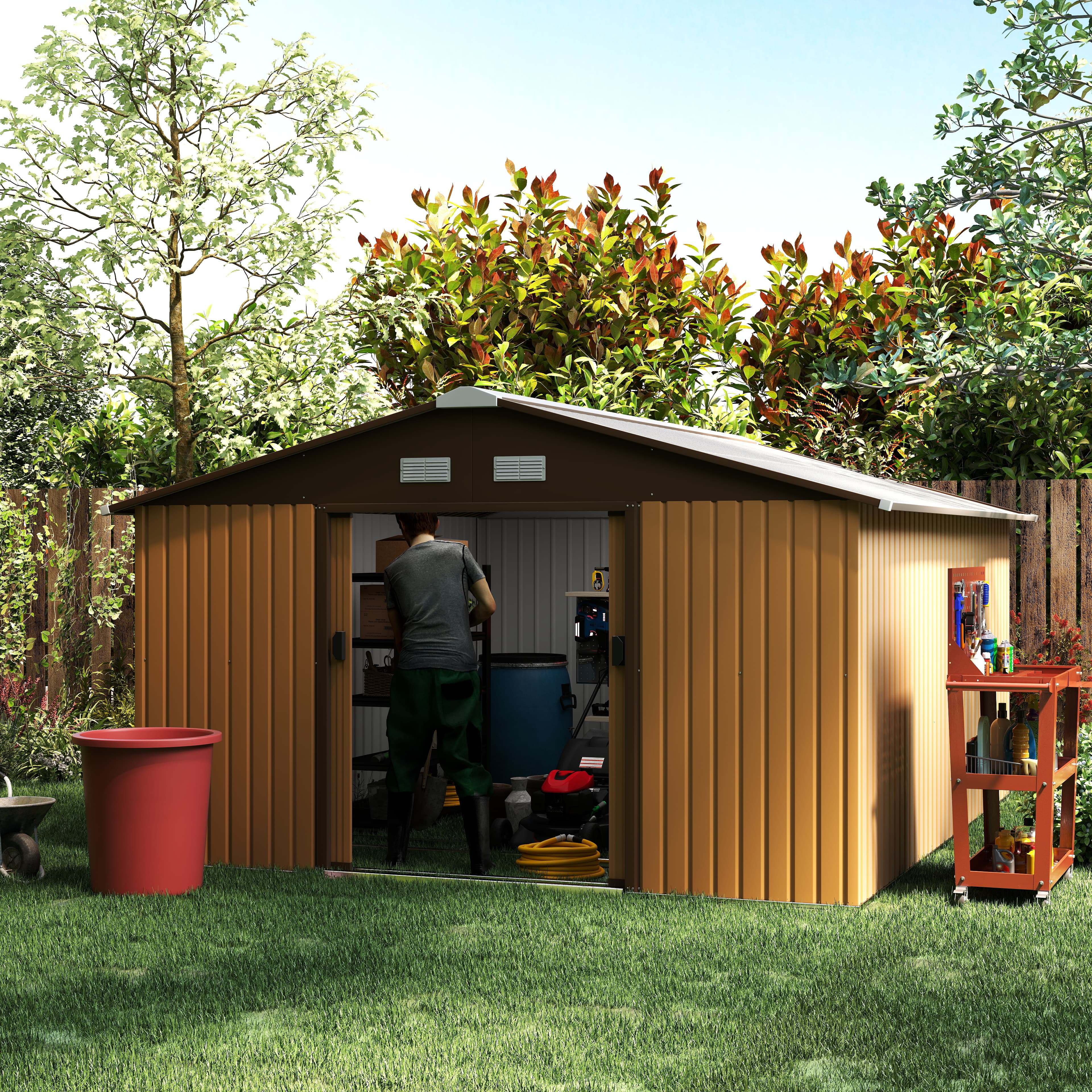 Outsunny Gerätehaus kaufen, 340 x 386 x 200 cm, mit Bodenplatte, Geräteschuppen, Gartenhaus, Garten Schuppen, Metall, Braun Aosom – Bild 2 von 2