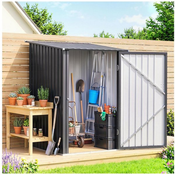 Outsunny Gerätehaus Metall 0,92 m² Geräteschuppen mit Pultdach Abschließbarer Tür, BxT: 100x103 cm, (Gartenschrank, 1 St., Geräteschrank), für Garten, Dunkelgra