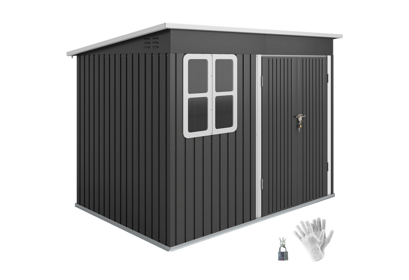 Outsunny Gerätehaus Metall 4,13 m² Geräteschuppen mit Fenster Pultdach, BxT: 260x177 cm, (Metallschuppen, 1 St., Fahrradschuppen), 260 x 177 x 190 cm, Dunkelgra – Bild 2 von 5