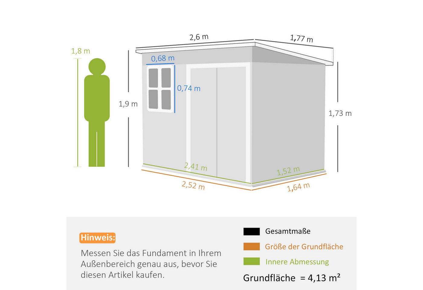 Outsunny Gerätehaus Metall 4,13 m² Geräteschuppen mit Fenster Pultdach, BxT: 260x177 cm, (Metallschuppen, 1 St., Fahrradschuppen), 260 x 177 x 190 cm, Dunkelgra – Bild 3 von 5