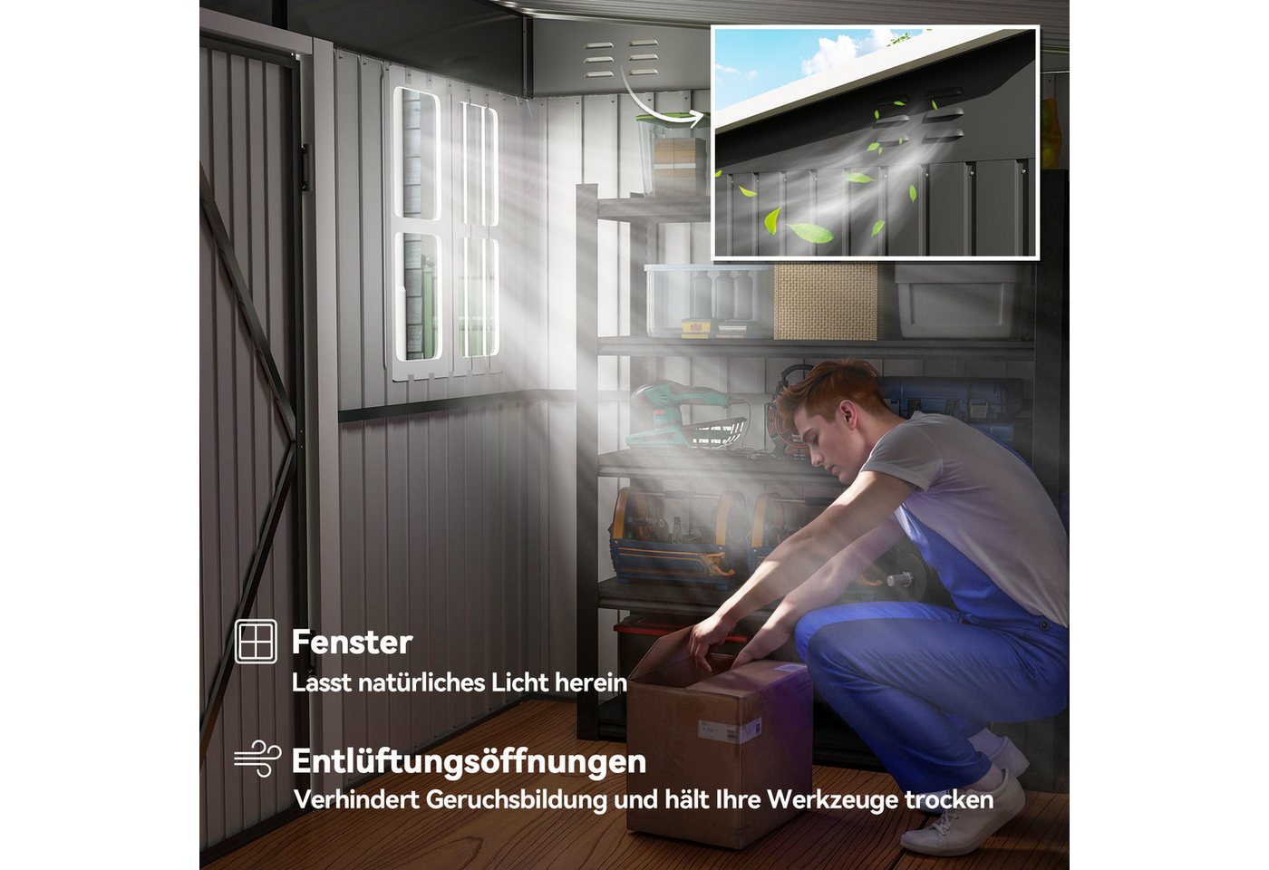 Outsunny Gerätehaus Metall 4,13 m² Geräteschuppen mit Fenster Pultdach, BxT: 260x177 cm, (Metallschuppen, 1 St., Fahrradschuppen), 260 x 177 x 190 cm, Dunkelgra – Bild 5 von 5