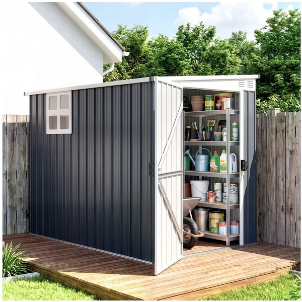 Outsunny Gerätehaus Metall Geräteschuppen mit Pultdach Abschließbarer Tür, BxT: 128x231 cm, (wetterfest Gartenschuppen, 1 St., Metall Geräteschuppen), Outdoor G