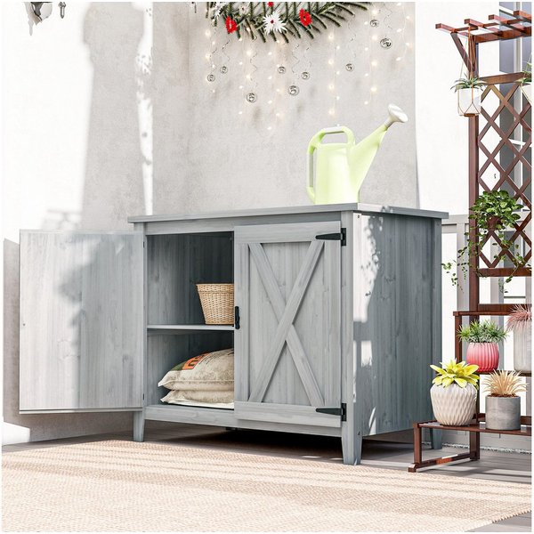 Outsunny Gerätehaus wetterfest, mit Tür, Faltdach, Ablagen, BxT: 110x60 cm, (Gartenschrank aus Holz, 1 St., Geräteschuppen), für Garten Terrasse Hinterhof, Hell