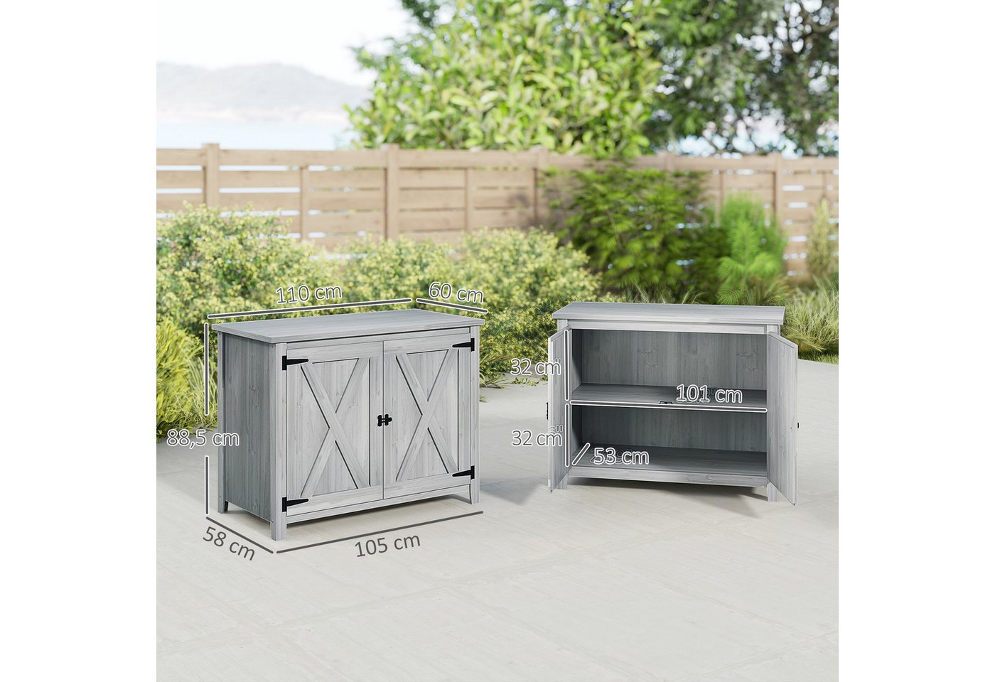 Outsunny Gerätehaus wetterfest, mit Tür, Faltdach, Ablagen, BxT: 110x60 cm, (Gartenschrank aus Holz, 1 St., Geräteschuppen), für Garten Terrasse Hinterhof, Hell – Bild 3 von 5