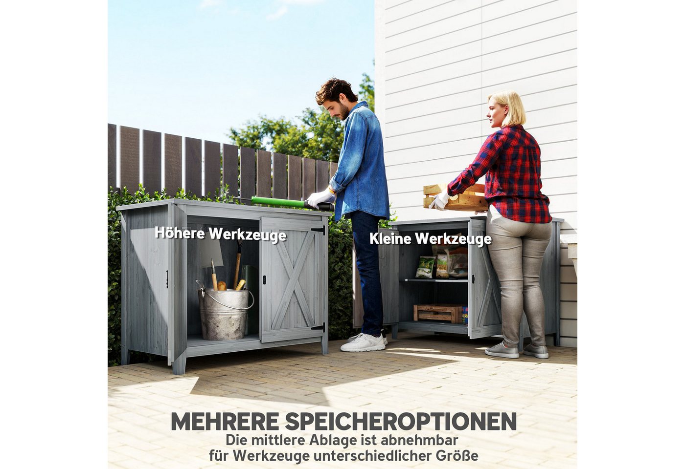Outsunny Gerätehaus wetterfest, mit Tür, Faltdach, Ablagen, BxT: 110x60 cm, (Gartenschrank aus Holz, 1 St., Geräteschuppen), für Garten Terrasse Hinterhof, Hell – Bild 4 von 5