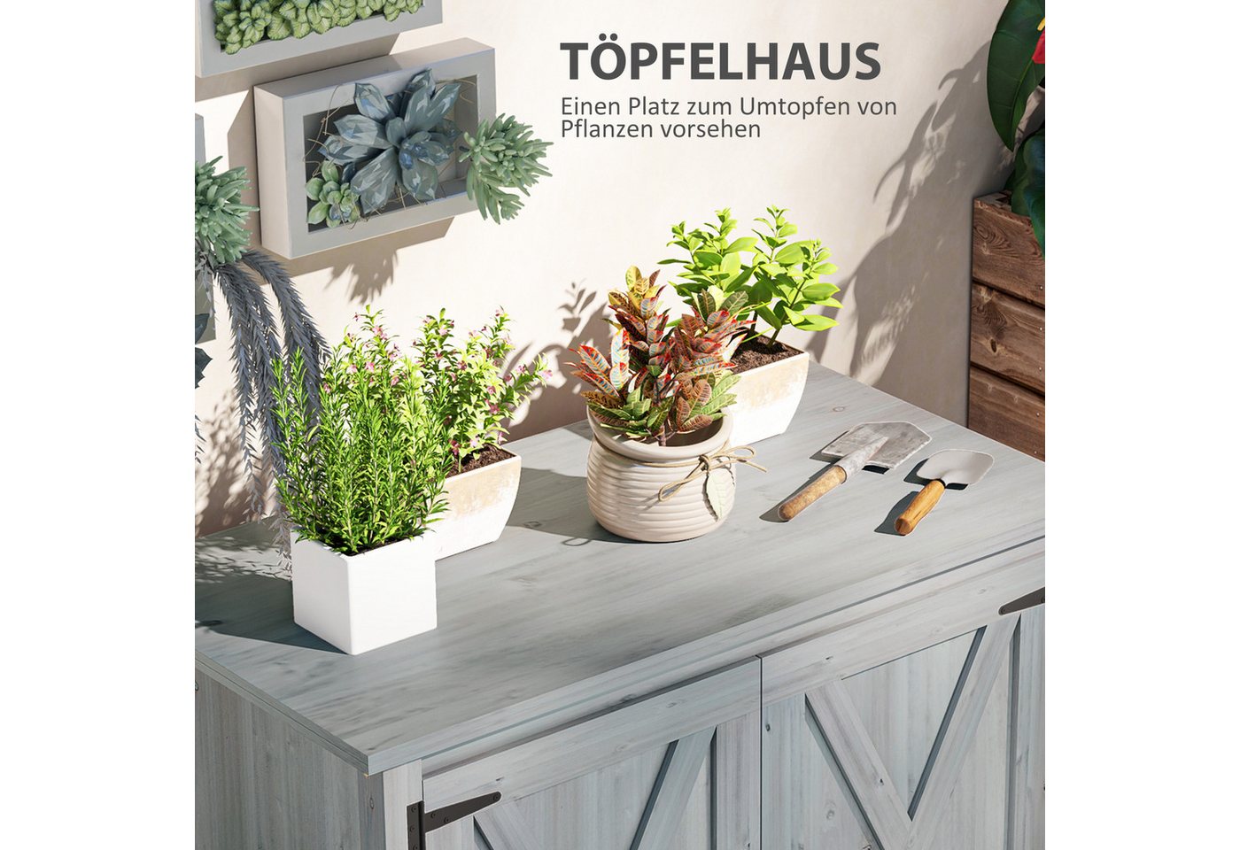 Outsunny Gerätehaus wetterfest, mit Tür, Faltdach, Ablagen, BxT: 110x60 cm, (Gartenschrank aus Holz, 1 St., Geräteschuppen), für Garten Terrasse Hinterhof, Hell – Bild 5 von 5