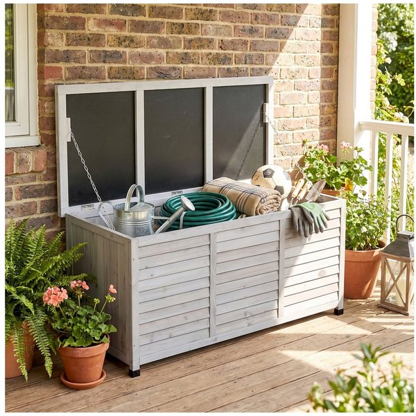 Outsunny Geräteschrank Aufbewahrungsbox, Gartentruhe, wetterbeständig, Massivholz (Kissenbox, 1-St., Gartenbox) für Garten, Balkon, Hellgrau