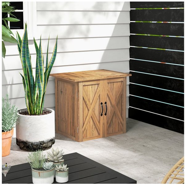 Outsunny Geräteschrank Holz, Geräteschuppen mit Doppeltür, 77 x 55 x 72 cm Braun (Kissenbox, 1-St., Gartenbox) für Garten, Balkon, n