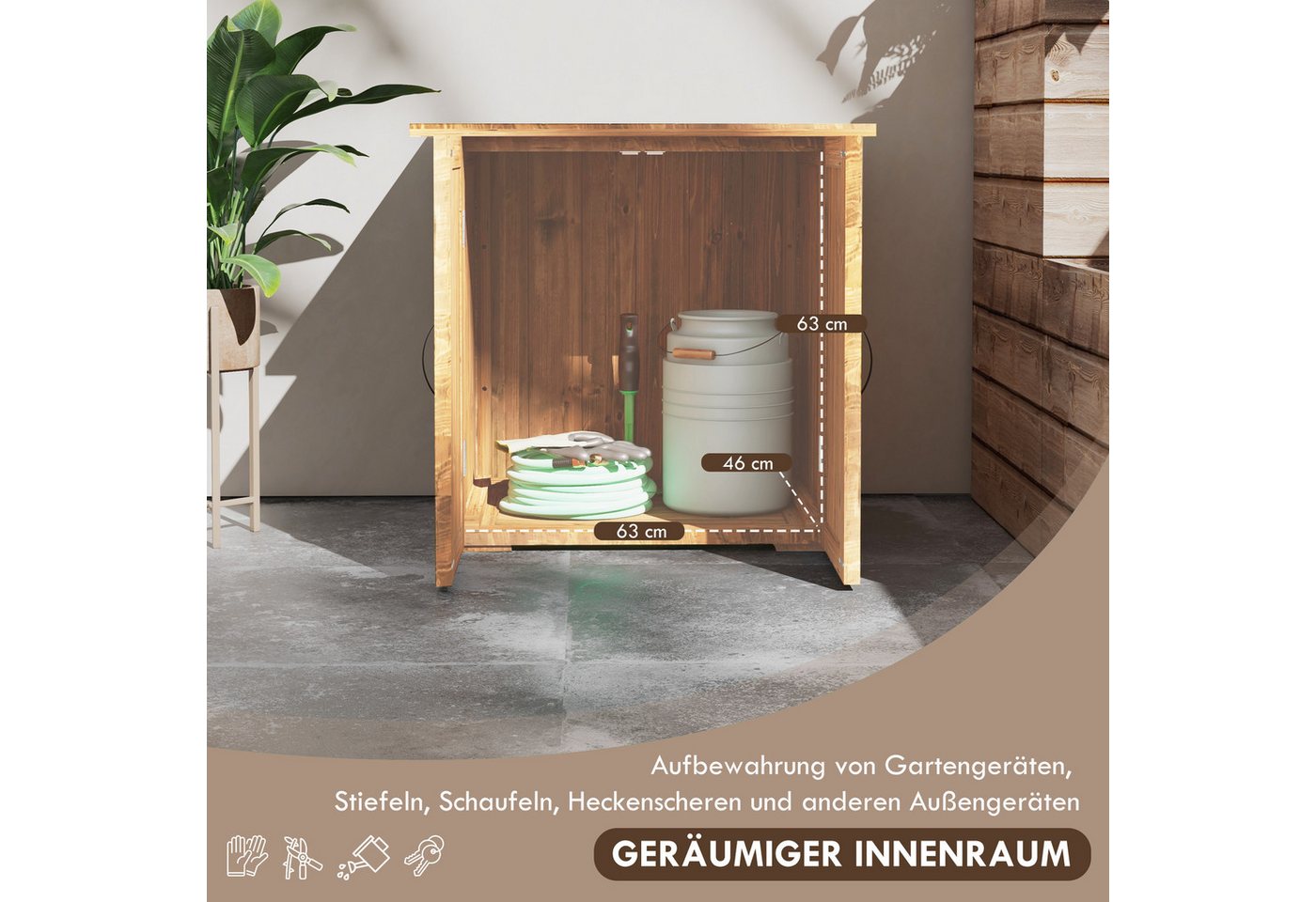 Outsunny Geräteschrank Holz, Geräteschuppen mit Doppeltür, 77 x 55 x 72 cm Braun (Kissenbox, 1-St., Gartenbox) für Garten, Balkon, n – Bild 4 von 5