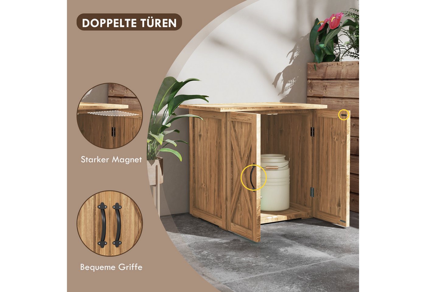 Outsunny Geräteschrank Holz, Geräteschuppen mit Doppeltür, 77 x 55 x 72 cm Braun (Kissenbox, 1-St., Gartenbox) für Garten, Balkon, n – Bild 5 von 5