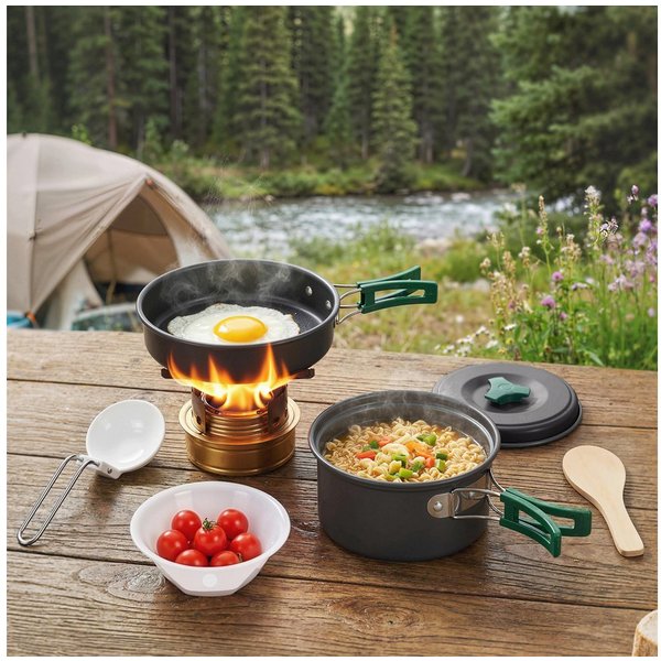Outsunny Geschirr-Set Kochgeschirr Set, schnell erhitzend Kochtopf Set für 2 Personen (8-tlg), 2 Personen, Aluminium, Metall, für Outdoor Wandern Picknick BBQ G