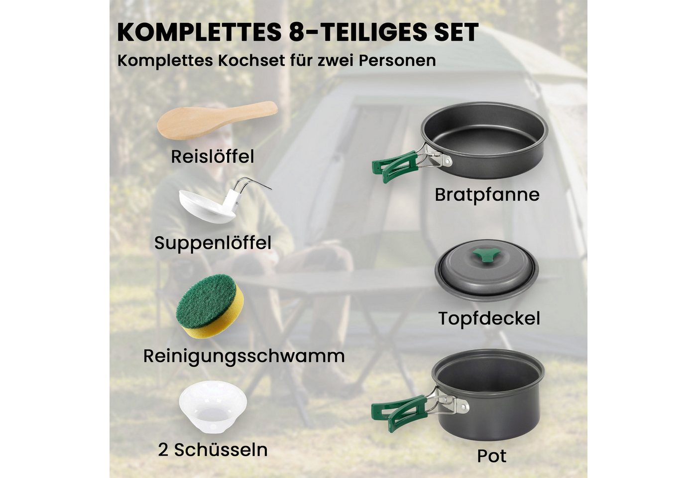 Outsunny Geschirr-Set Kochgeschirr Set, schnell erhitzend Kochtopf Set für 2 Personen (8-tlg), 2 Personen, Aluminium, Metall, für Outdoor Wandern Picknick BBQ G – Bild 4 von 5