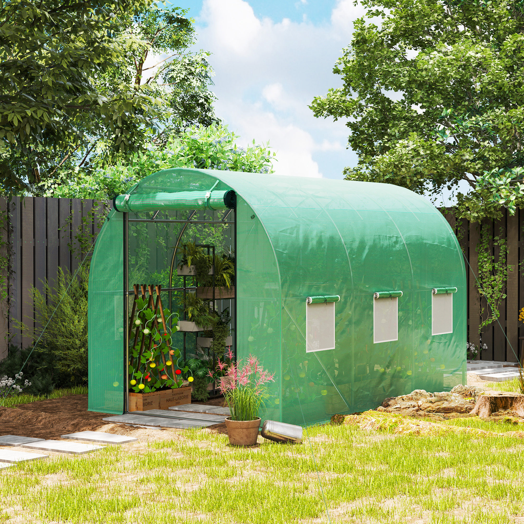 Outsunny Gewächshaus ca. 3 x 2 x 2 m Foliengewächshaus mit 6 Fenster, Rolltür, Aufrollbar Seitenwänden, UV-beständiger Folientunnel, Winterfest Tomatenhaus mit  – Bild 2 von 2