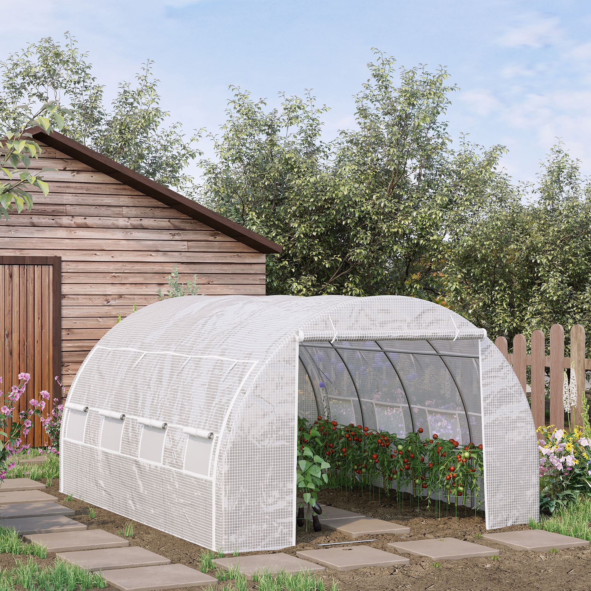 Outsunny Gewächshaus Foliengewächshaus 3,97 x 3,02 x 2 m mit UV-Schutz, winddichtes Tomatenhaus mit Seitentür aus Stahl in Weiß Aosom.de – Bild 2 von 2