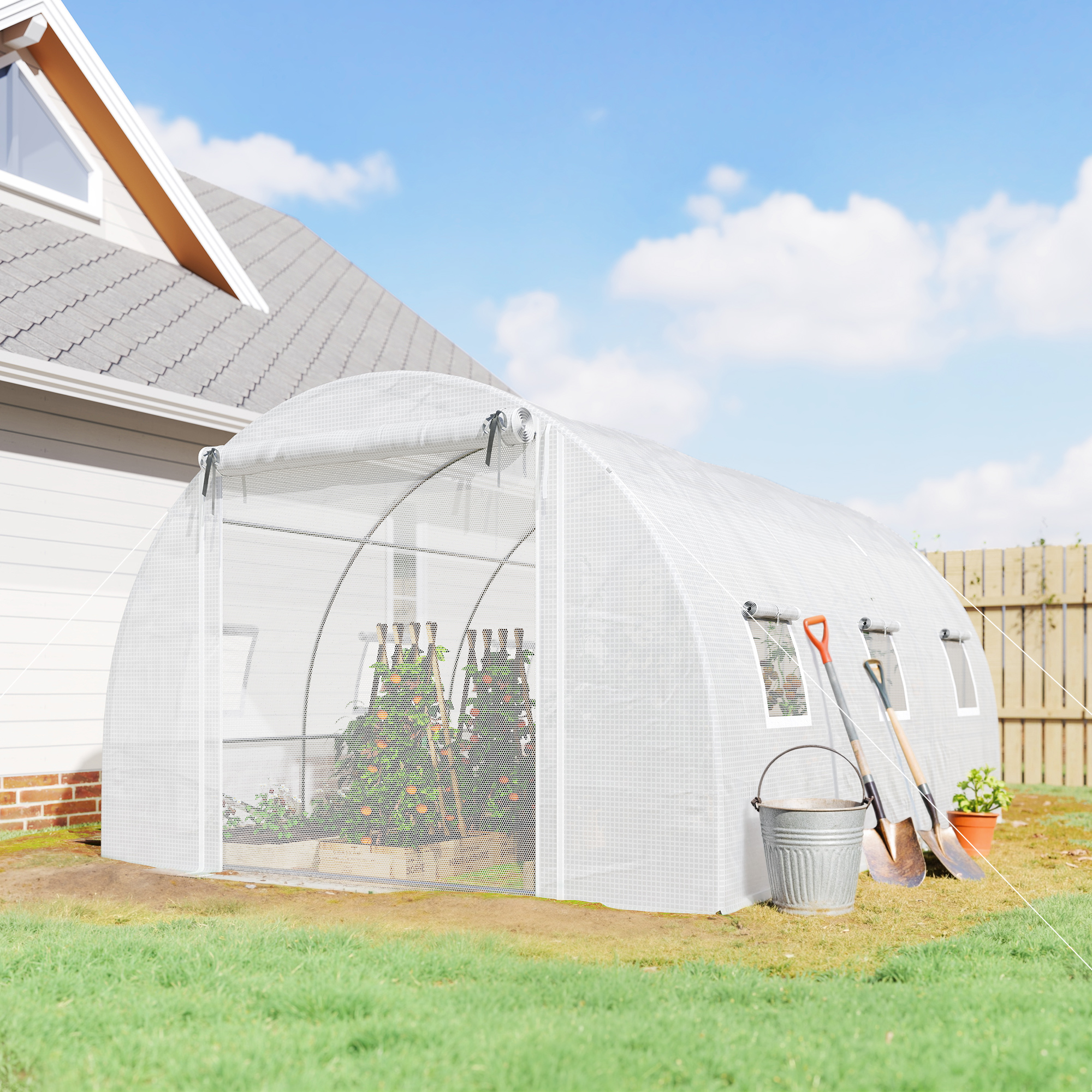 Outsunny Gewächshaus Foliengewächshaus ca. 3x4x2m Winterfest Tomatenhaus mit 6 Aufrollbar Natzfenstern & Tür, Stahlrohr, 140g/m² PE Folie, stabil Folientunnel P – Bild 2 von 2