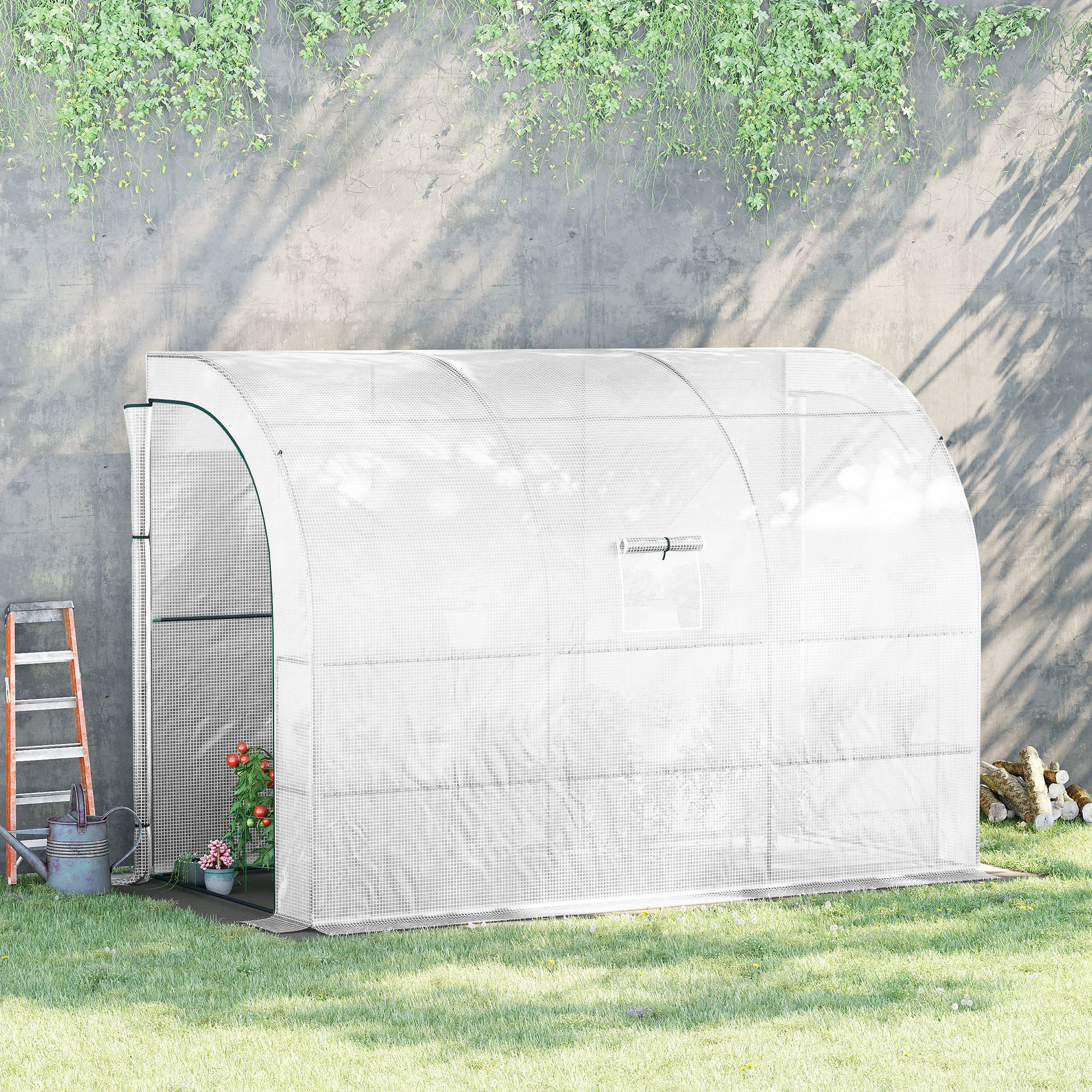 Outsunny Gewächshaus mit Regale Fenster, winterfest Foliengewächshaus aus Stahl, wandmontiert Treibhaus für Balkon, Garten, Tomatenhaus 300x150x213cm Tomatengew – Bild 2 von 2