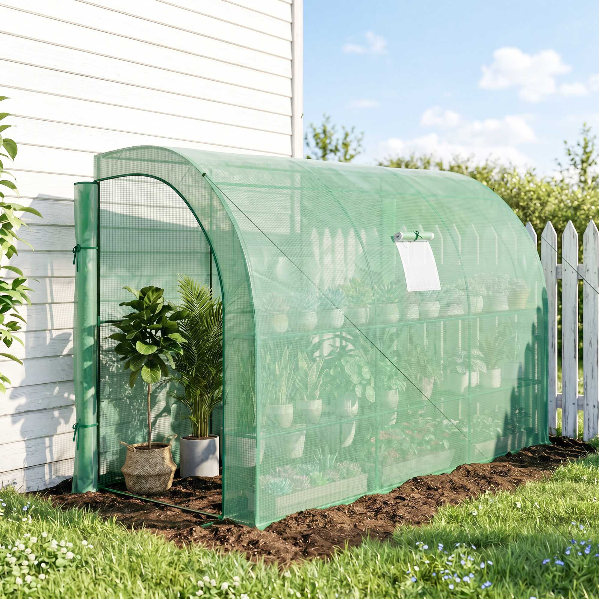 Outsunny Gewächshaus mit Regale Fenster, winterfest Foliengewächshaus aus Stahl, wandmontiert Treibhaus für Balkon, Garten, Tomatenhaus 300x150x213cm Tomatengew – Bild 2 von 2