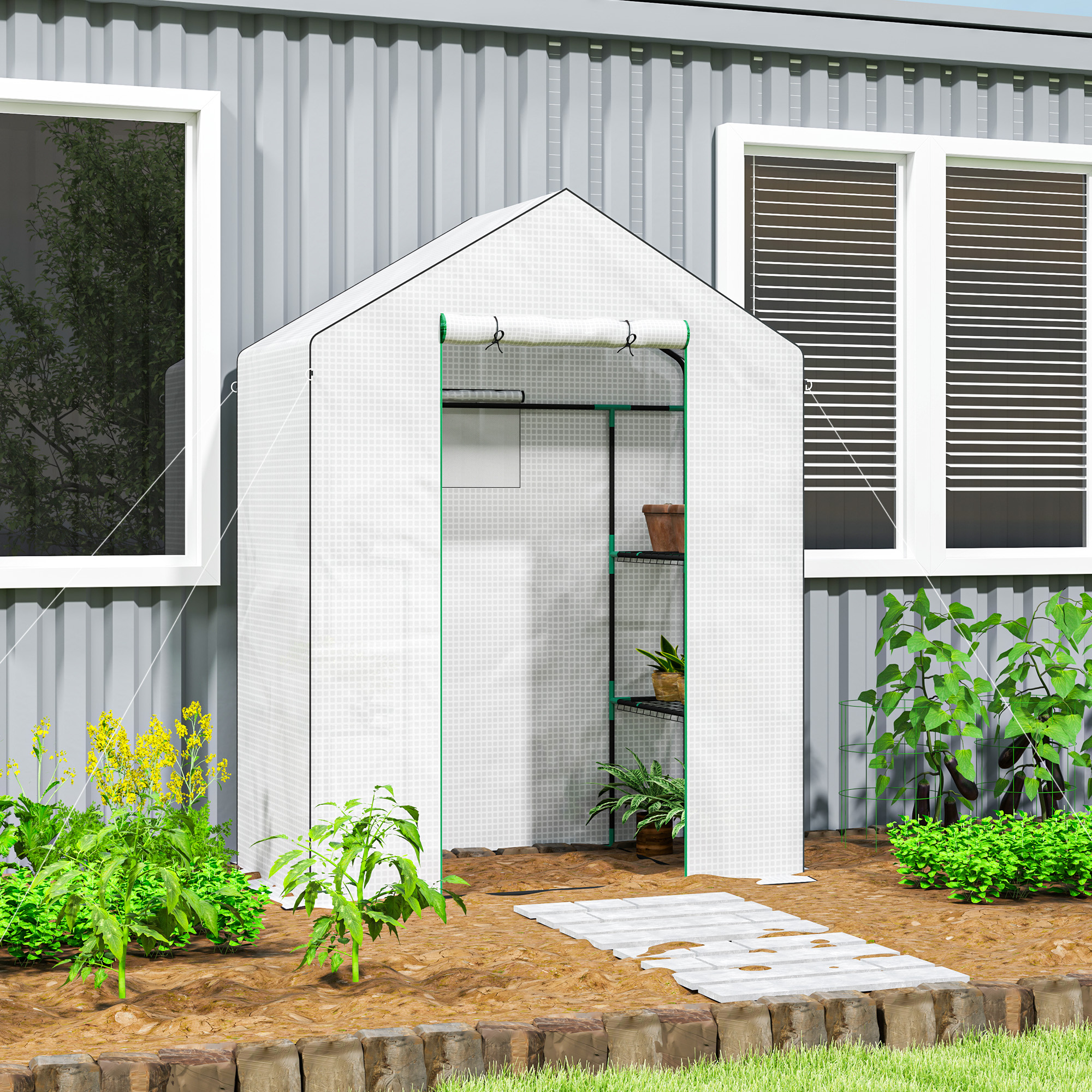 Outsunny Gewächshaus mit Rolltür, Fenster, Regale, winterfest Foliengewächshaus aus Stahl, Treibhaus für Balkon, Garten, Tomatenhaus 143 x 74 x 190 cm, Tomateng – Bild 2 von 2