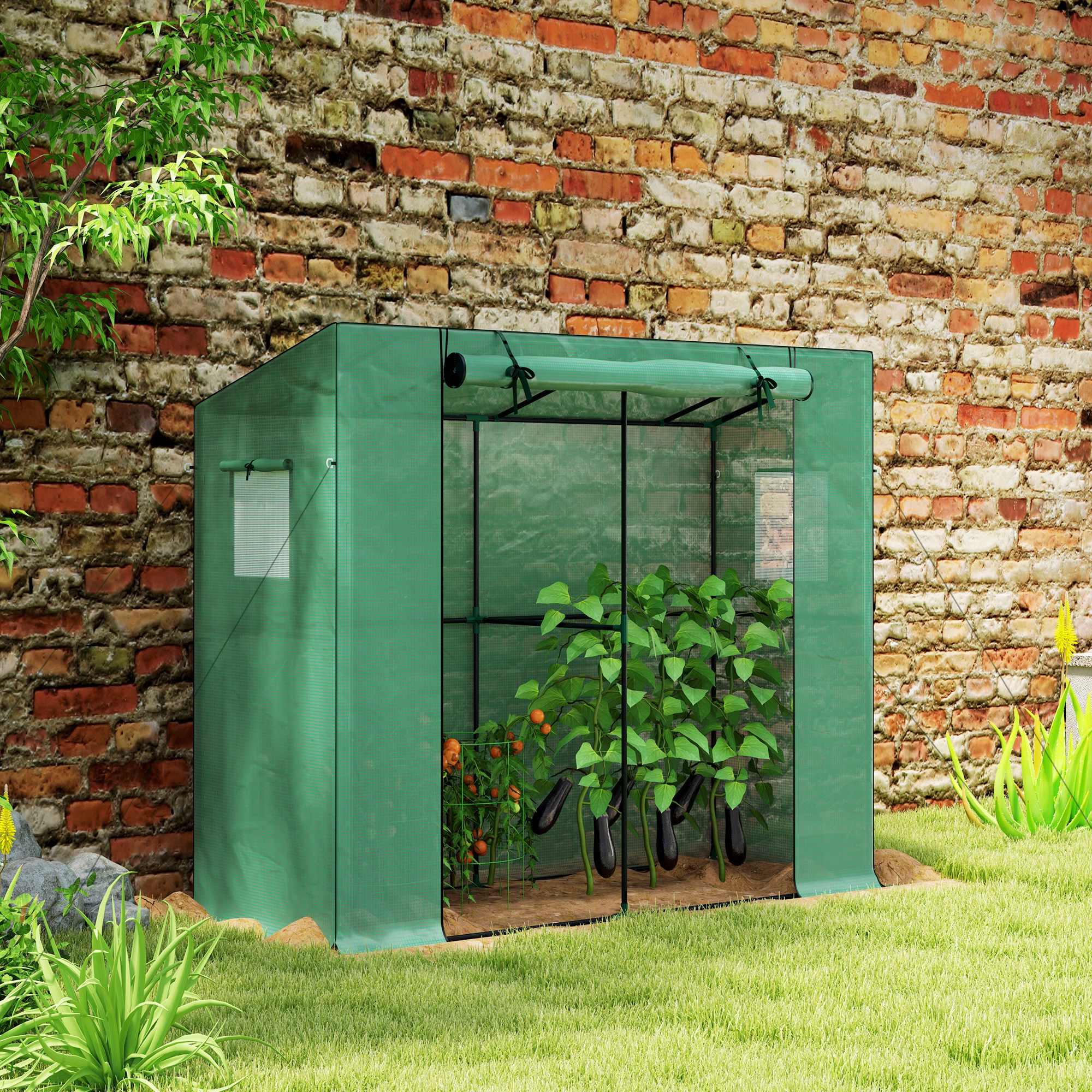 Outsunny Gewächshaus mit Rolltür 2 Fenster, winterfest Foliengewächshaus aus Stahl, Treibhaus für Balkon, Garten, Tomatenhaus mit UV schutz 200x76x170cm Tomaten – Bild 2 von 2