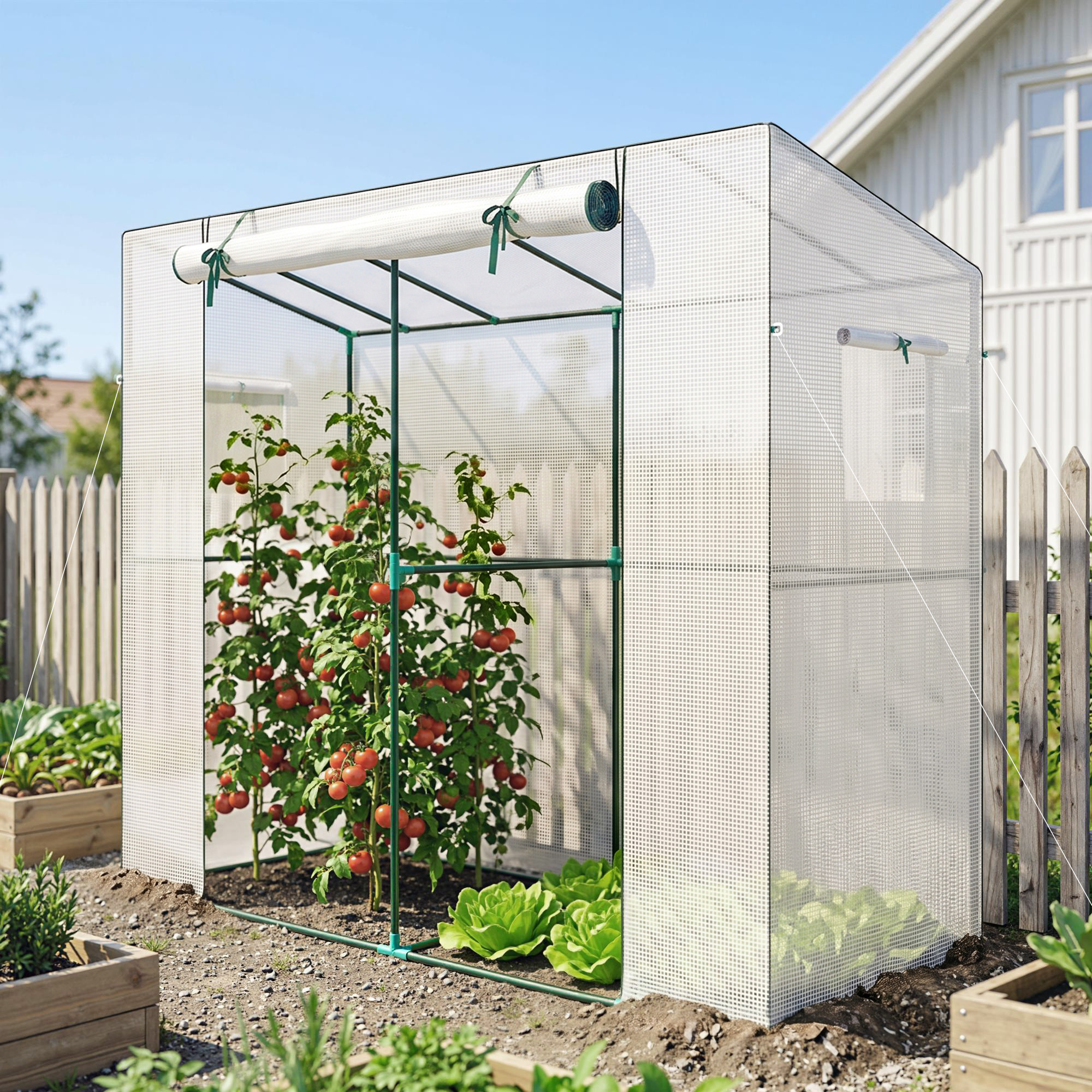 Outsunny Gewächshaus mit Rolltür 2 Fenster, winterfest Foliengewächshaus aus Stahl, Treibhaus für Balkon, Garten, Tomatenhaus mit UV schutz 200x76x170cm Tomaten – Bild 2 von 2