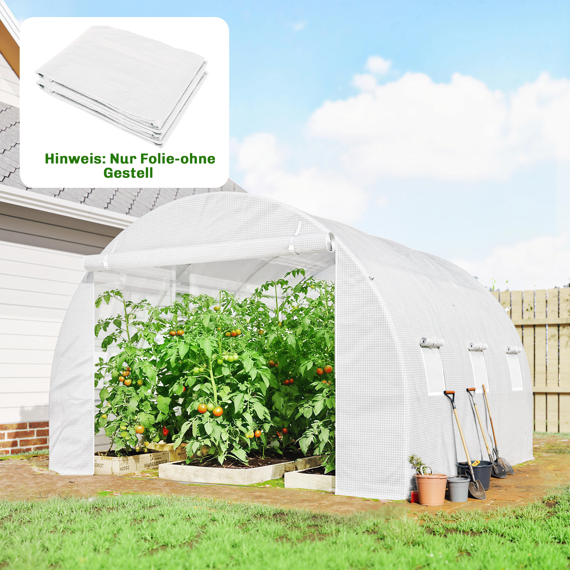 Outsunny Gewächshausfolie 3 x 3 m, wasserdicht Polyethylenfolie mit Rolltür, 6 Fenster, UV Schutz, Reißfest Gartenfolie Abdeckplane für Folientunnel Gartenarbei – Bild 2 von 2