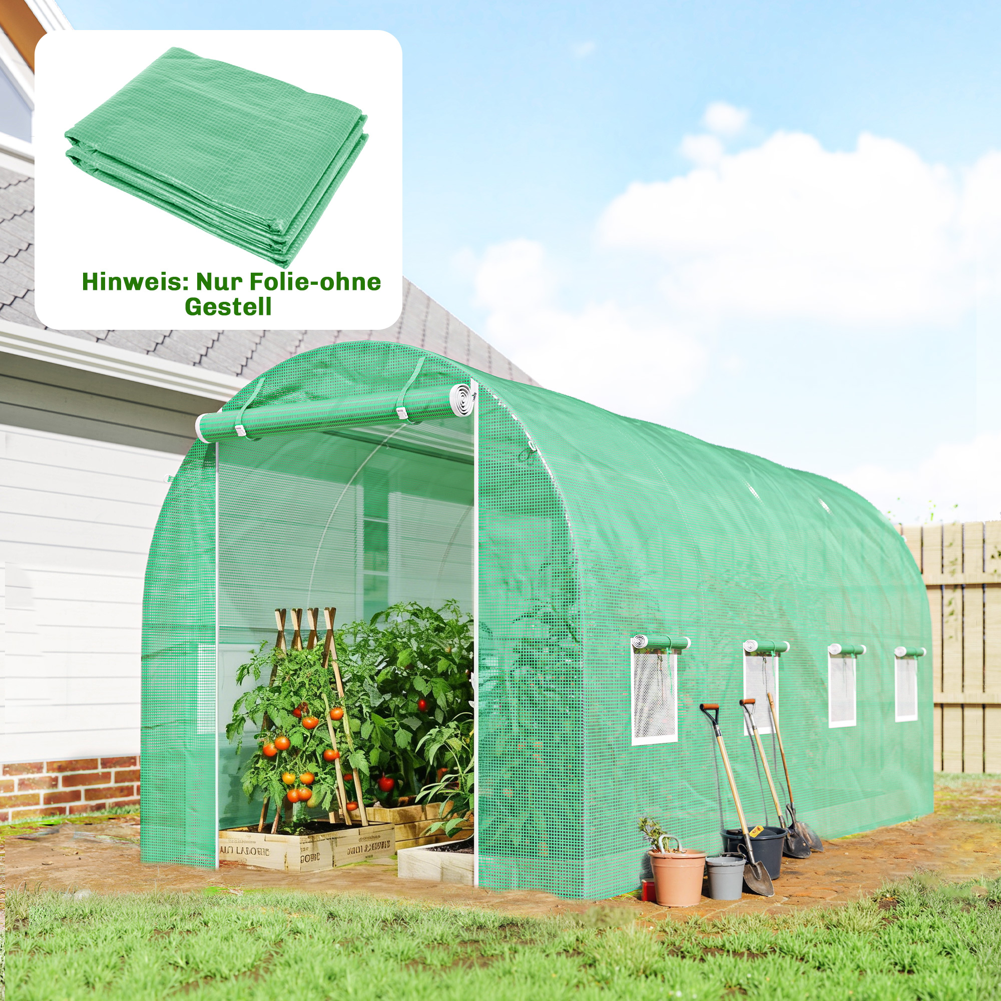 Outsunny Gewächshausfolie 4 x 2 m, wasserdicht Gartenfolie mit Reißverschlustür 8 Fenster, UV Schutz, Reißfest Folie aus Polyethylen, Abdeckplane Tunnelfolie fü – Bild 2 von 2