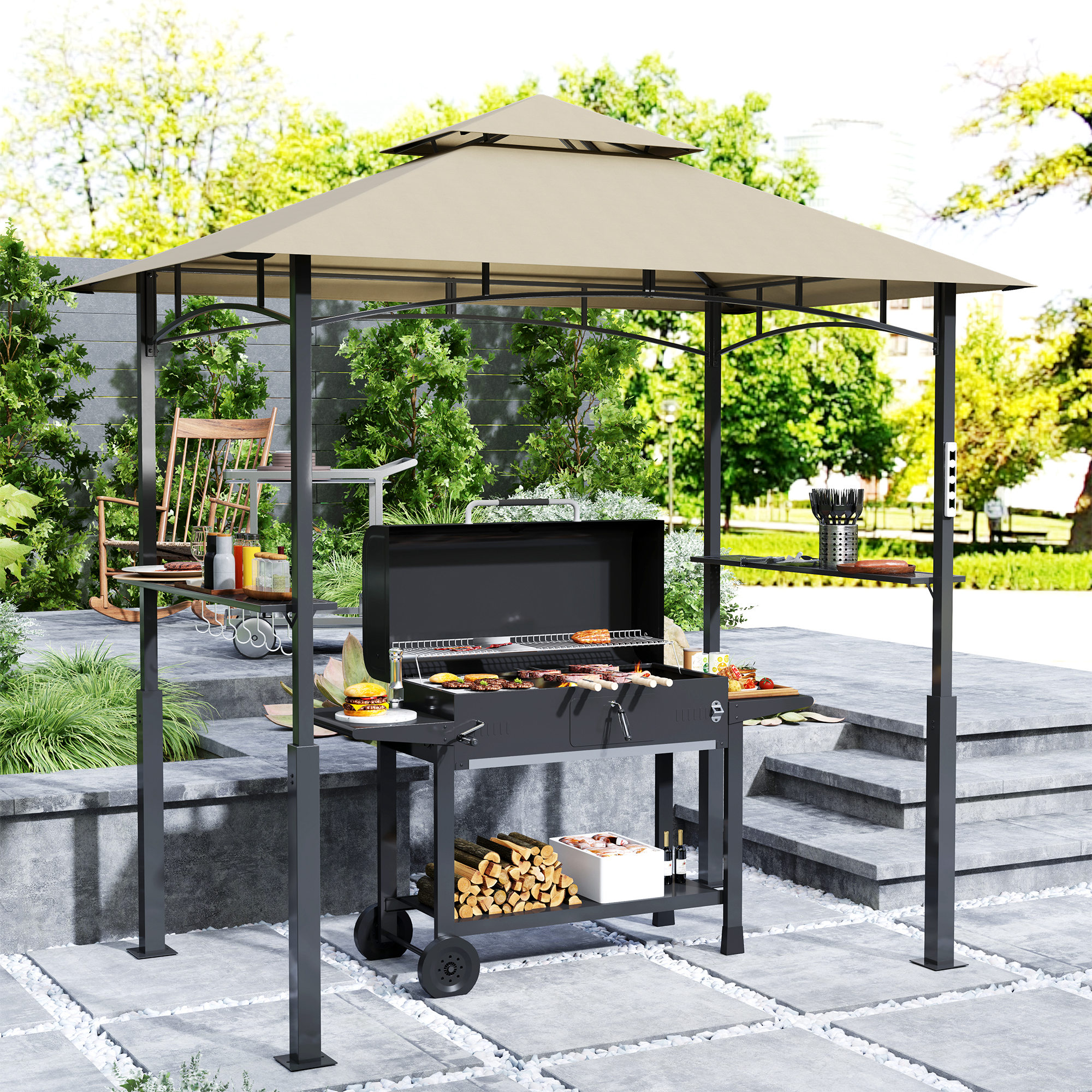 Outsunny Grill-Pavillon mit Doppelverdeck, Gartenüberdachung mit LED-Licht, Deckenhaken, 2 seitliche Ablagen, 240 x 150 x 250 cm, Kaki Aosom – Bild 2 von 2