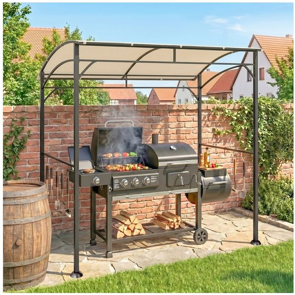 Outsunny Grillpavillon Grillpavillon wasserabweisend mit Gebogendach, Gartenlauben, mit 1 Seitenteilen, (Grillpavillon, Grillüberdachung), für Garten, Balkon, B