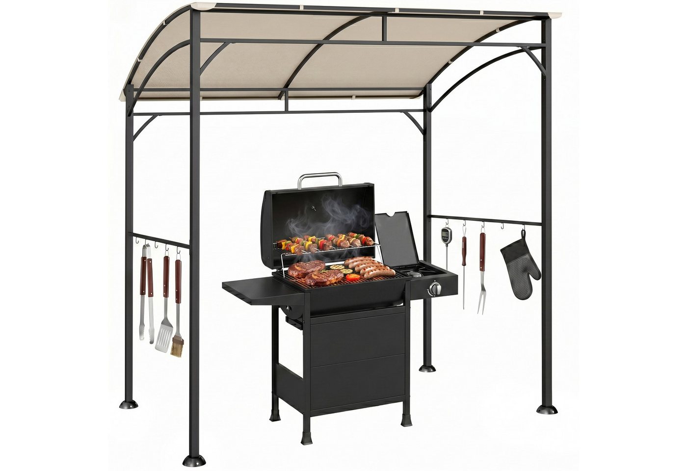 Outsunny Grillpavillon Grillpavillon wasserabweisend mit Gebogendach, Gartenlauben, mit 1 Seitenteilen, (Grillpavillon, Grillüberdachung), für Garten, Balkon, B – Bild 2 von 5