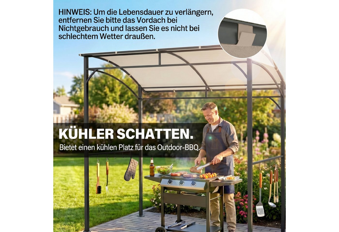 Outsunny Grillpavillon Grillpavillon wasserabweisend mit Gebogendach, Gartenlauben, mit 1 Seitenteilen, (Grillpavillon, Grillüberdachung), für Garten, Balkon, B – Bild 4 von 5