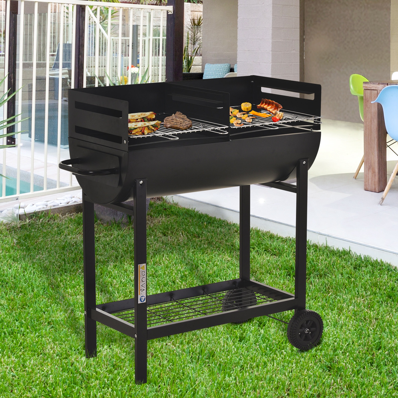 Outsunny Grillwagen, Grillstation, Standgrill mit Windschutz, 2 x Grillrost, 3-stufig höhenverstellbar, Metall, Schwarz, 90 x 45 x 96 cm Aosom – Bild 2 von 2