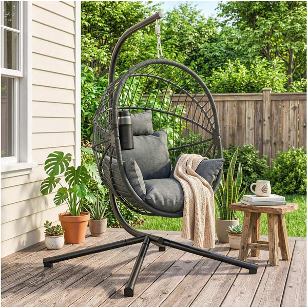 Outsunny Hängesessel Eiförmiger Hängeschaukel mit Kissen, faltbar Hängematte (Sitzkorb, 1-St., Becherhalter), Rattanoptik für Indoor, Outdoor, bis 120 kg Belast
