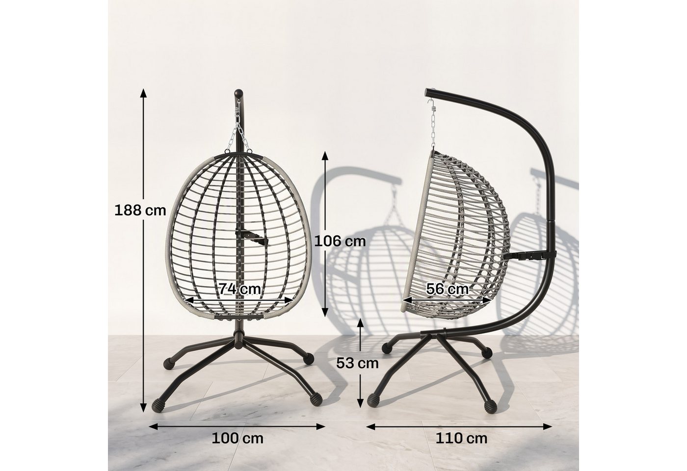 Outsunny Hängesessel Hängeschaukel mit waschbarem Sitz, Hängematte, Indoor Outdoor (Korbsessel, 1-St., Schaukelsessel), für Garten, Wohnzimmer, bis 120 kg Belas – Bild 3 von 5