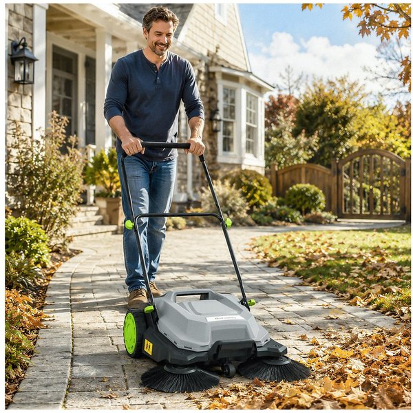 Outsunny Handkehrmaschine mit 24 L Schmutzbehälter, Höhenverstellbar klappbar Griff, 68 cm Arbeitsbreite, (Set, 1-St., Kehrmaschine), effektives 3-Bürsten-Kehrs