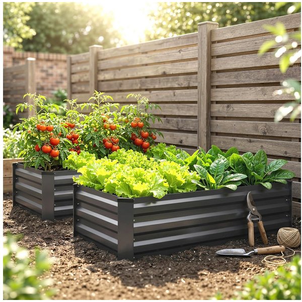 Outsunny Hochbeet 2er-Set, Pflanzkasten, Blumenkasten, rostfrei (Pflanzkübel, 2 St., Blumenkübel), für Terrasse, Balkon, verzinkter Stahl, Dunkelgrau, 100 x 60 