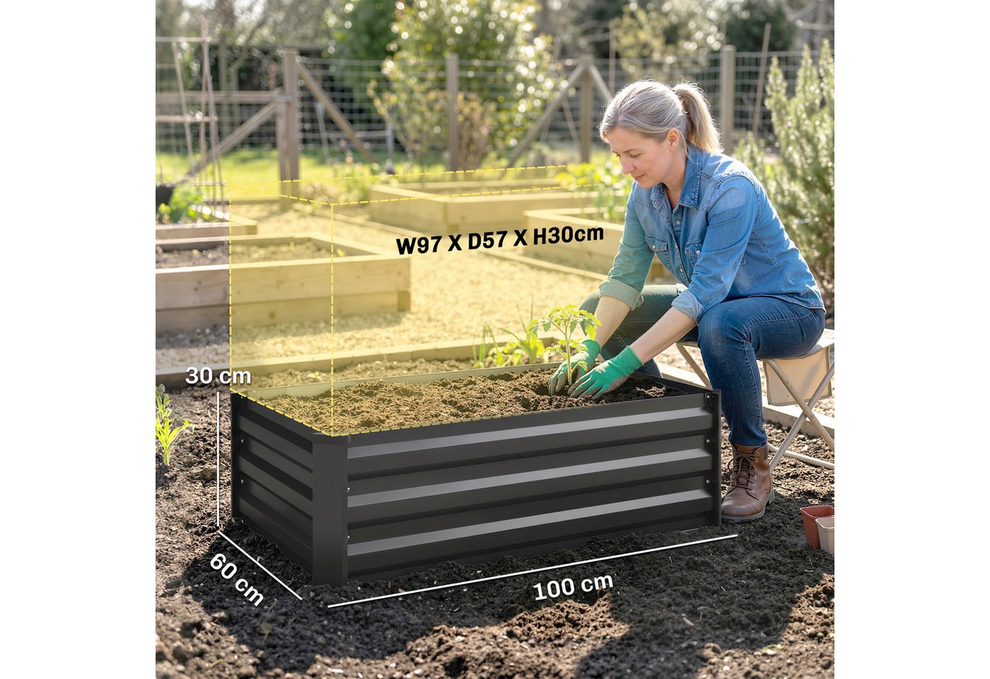 Outsunny Hochbeet 2er-Set, Pflanzkasten, Blumenkasten, rostfrei (Pflanzkübel, 2 St., Blumenkübel), für Terrasse, Balkon, verzinkter Stahl, Dunkelgrau, 100 x 60  – Bild 3 von 5